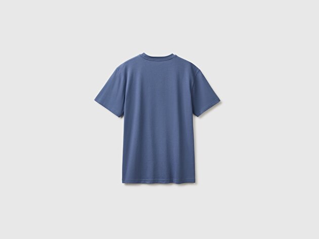 Benetton Erkek Havacı Mavi %100 Koton Logolu Bisiklet Yaka T-Shirt