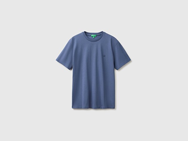 Benetton Erkek Havacı Mavi %100 Koton Logolu Bisiklet Yaka T-Shirt