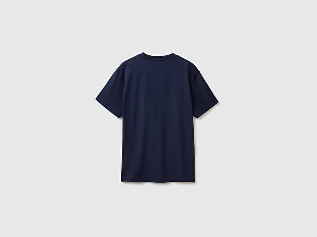 Benetton Erkek Lacivert %100 Koton Logolu Bisiklet Yaka T-Shirt
