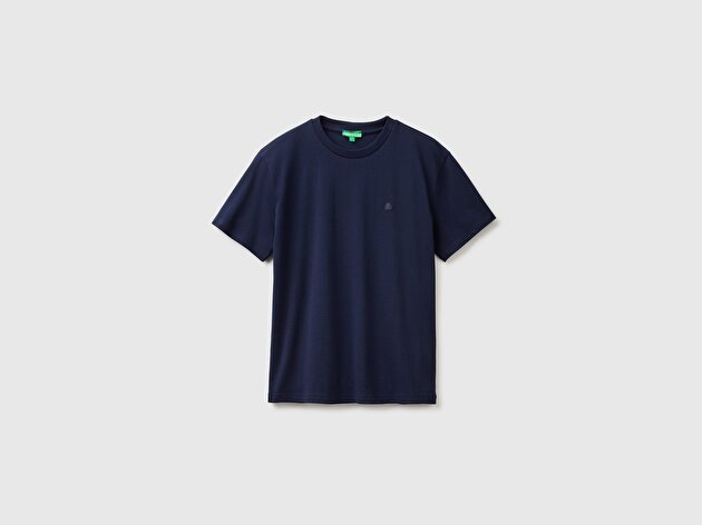 Benetton Erkek Lacivert %100 Koton Logolu Bisiklet Yaka T-Shirt
