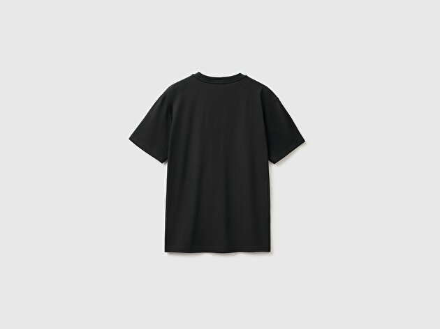 Benetton Erkek Siyah %100 Koton Logolu Bisiklet Yaka T-Shirt