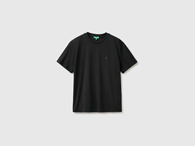 Benetton Erkek Siyah %100 Koton Logolu Bisiklet Yaka T-Shirt