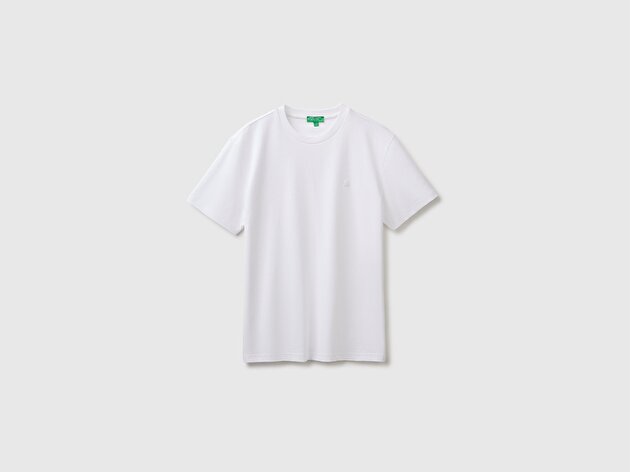 Benetton Erkek Beyaz %100 Koton Logolu Bisiklet Yaka T-Shirt