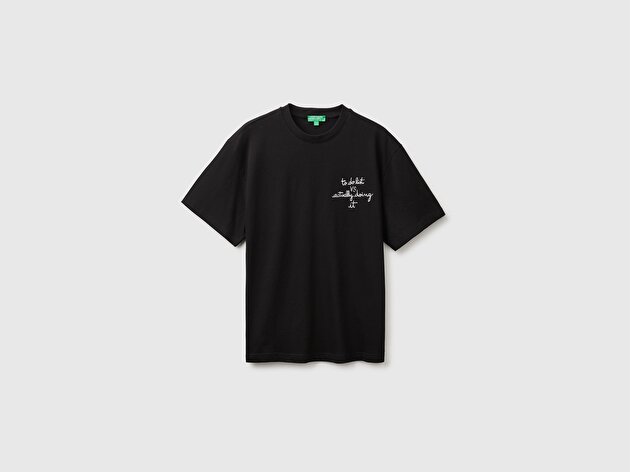 Benetton Erkek Siyah %100 Pamuk Relaxed Fit Kısa Kollu T-Shirt
