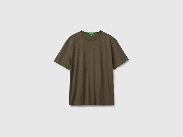 Benetton Erkek Koyu Haki  %100 Pamuk Regular Fit Bisiklet Yaka T-Shirt