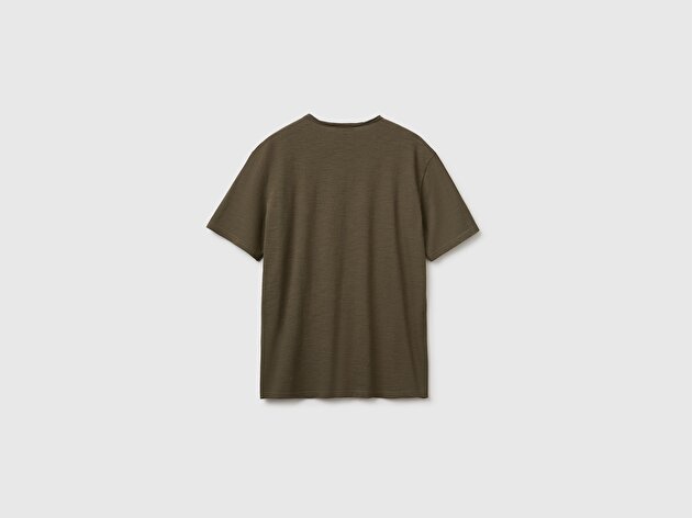 Benetton Erkek Koyu Haki  %100 Pamuk Regular Fit Bisiklet Yaka T-Shirt