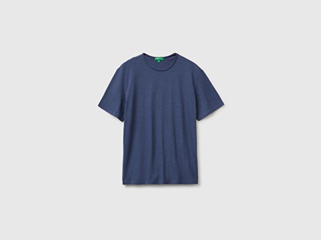 Benetton Erkek Havacı Mavi  %100 Pamuk Regular Fit Bisiklet Yaka T-Shirt
