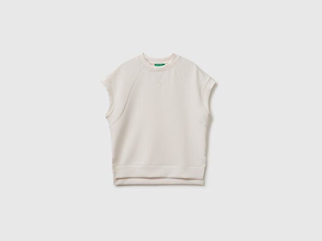 Benetton Kadın Krem Modal Karışımlı Yırtmaçlı Kısa Kollu Bisiklet Yaka Üst
