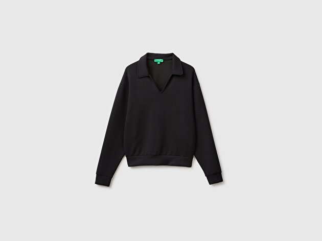 Benetton Kadın Siyah Modal Karışımlı Uzun Kollu Polo Yaka Üst