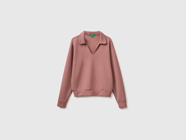 Benetton Kadın Koyu Pudra Modal Karışımlı Uzun Kollu Polo Yaka Üst