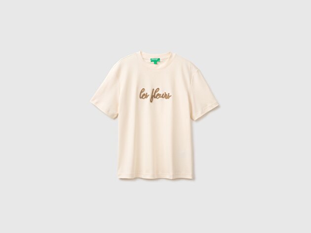 Benetton Kadın Krem %100 Pamuk İşlemeli Kısa Kollu T-Shirt