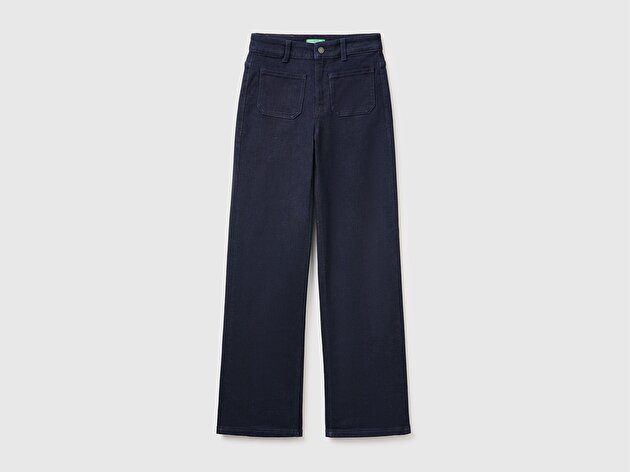 Benetton Kadın Koyu Mavi  Pamuk Karışımlı Düz Paça Cepli Denim Pantolon