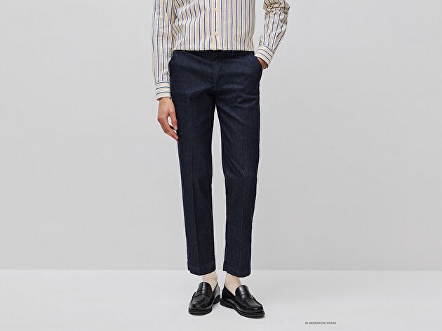 Benetton Erkek Mavi Pamuk Karışımlı Slim Fit Cepli Pileli Pantolon