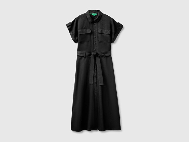 Benetton Kadın Siyah %100 Keten Cepli Kemerli Elbise
