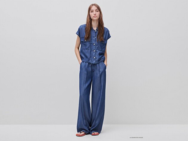 Benetton Kadın Mavi Bol Paça Cepli Denim Pantolon