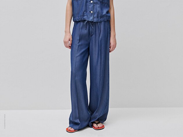 Benetton Kadın Mavi Bol Paça Cepli Denim Pantolon