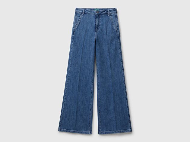 Benetton Kadın Açık Mavi Pamuk Karışımlı Cep Detaylı Geniş Paça Denim Pantolon