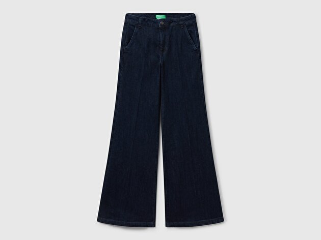 Benetton Kadın Mavi Pamuk Karışımlı Cep Detaylı Geniş Paça Denim Pantolon