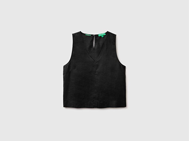 Benetton Kadın Siyah %100 Keten V Yaka Bluz