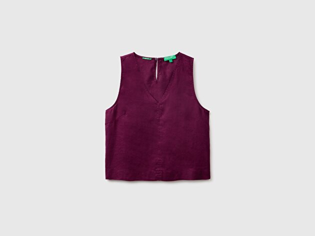 Benetton Kadın Koyu Mor %100 Keten V Yaka Bluz