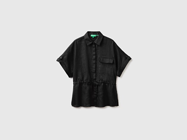 Benetton Kadın Siyah %100 Keten Cepli İpli Gömlek