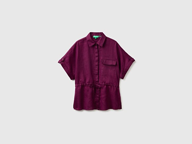 Benetton Kadın Koyu Mor %100 Keten Cepli İpli Gömlek