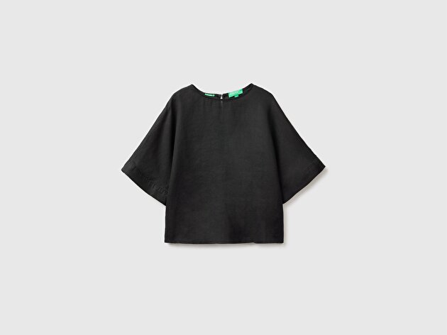 Benetton Kadın Siyah %100 Keten Kimono Kol Bluz