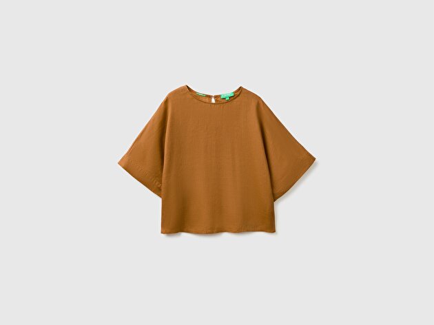 Benetton Kadın Kahverengi %100 Keten Kimono Kol Bluz