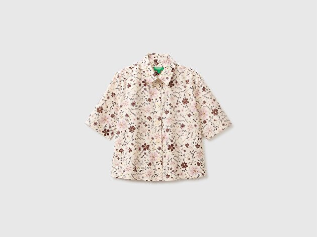 Benetton Kadın Krem %100 Pamuk Regular Fit Gömlek