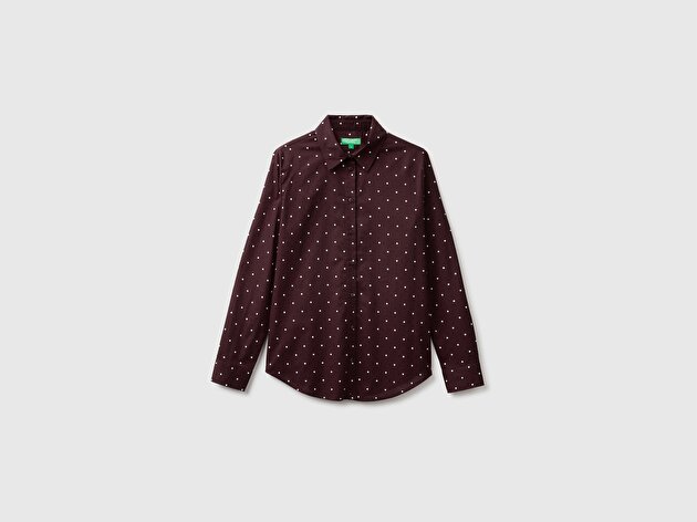 Benetton Kadın Kahverengi %100 Pamuk Desenli  Regular Fit Gömlek