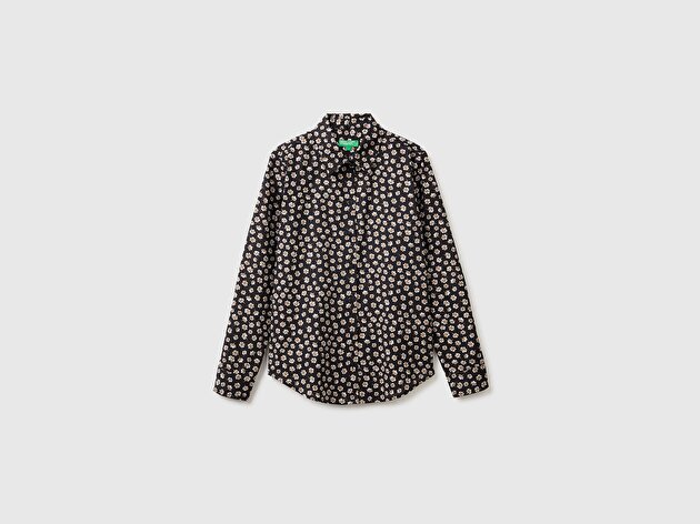 Benetton Kadın Siyah %100 Pamuk Desenli  Regular Fit Gömlek