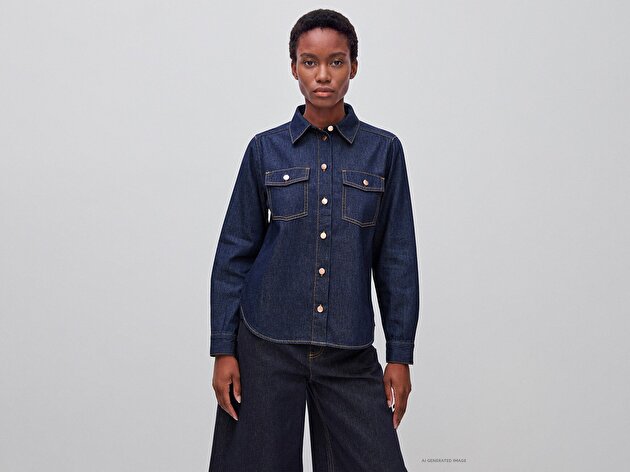 Benetton Kadın Koyu Mavi  %100 Pamuk Regular Fit Cepli Denim Gömlek
