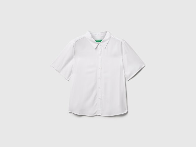 Benetton Kadın Beyaz %100 Viskoz Düğmeli Kısa Kollu Gömlek