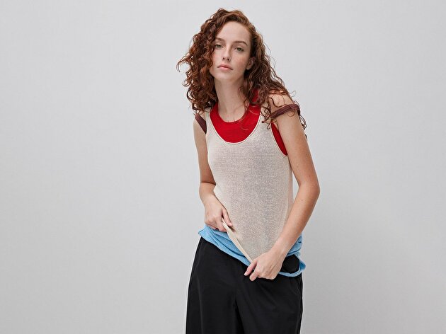 Benetton Kadın Taş Pamuk Keten Karışımlı Kıvrık Kenarlı Regular Fit Atlet