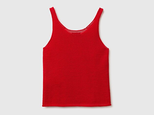 Benetton Kadın Kırmızı Pamuk Keten Karışımlı Kıvrık Kenarlı Regular Fit Atlet