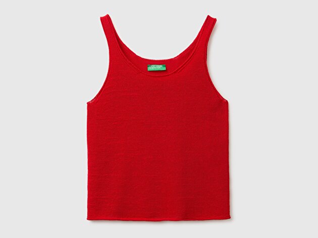 Benetton Kadın Kırmızı Pamuk Keten Karışımlı Kıvrık Kenarlı Regular Fit Atlet