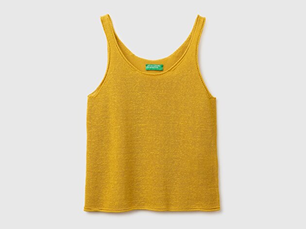 Benetton Kadın Sarı Pamuk Keten Karışımlı Kıvrık Kenarlı Regular Fit Atlet