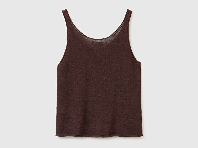 Benetton Kadın Kahverengi Pamuk Keten Karışımlı Kıvrık Kenarlı Regular Fit Atlet