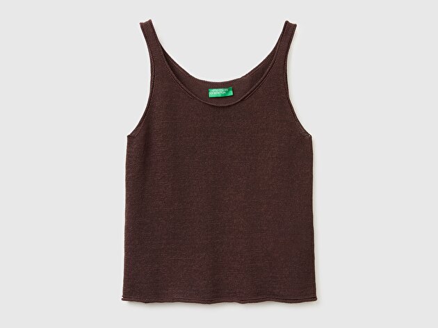 Benetton Kadın Kahverengi Pamuk Keten Karışımlı Kıvrık Kenarlı Regular Fit Atlet