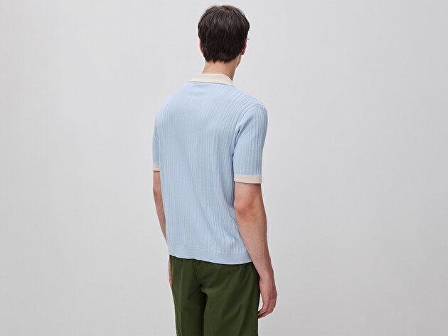 Benetton Erkek Açık Mavi %100 Pamuk Kontrast Detaylı Regular Fit Polo Yaka  Triko T-Shirt