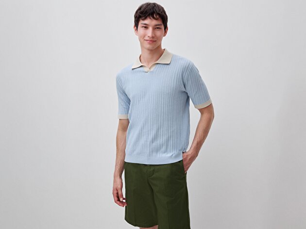 Benetton Erkek Açık Mavi %100 Pamuk Kontrast Detaylı Regular Fit Polo Yaka  Triko T-Shirt