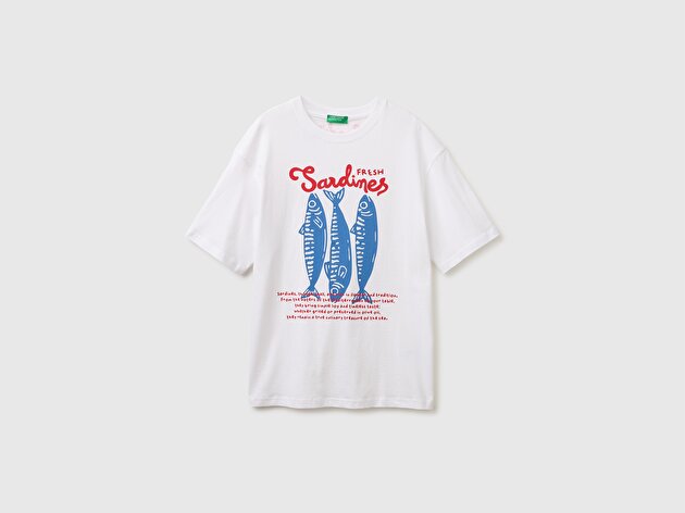Benetton Kadın Beyaz %100 Pamuk Baskılı Oversize Bisiklet Yaka T-Shirt