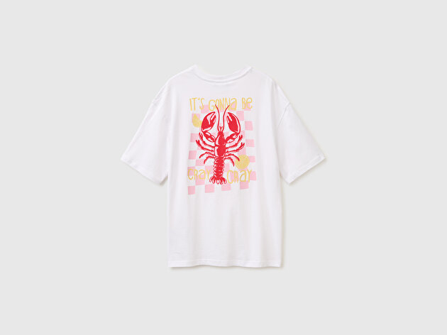 Benetton Kadın Beyaz Mix %100 Pamuk Baskılı Oversize Bisiklet Yaka T-Shirt