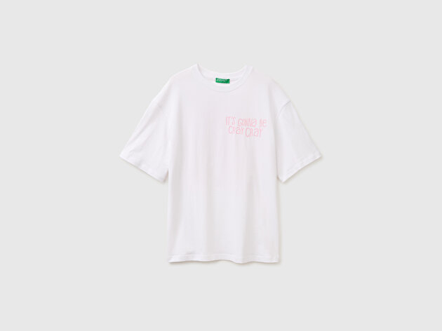 Benetton Kadın Beyaz Mix %100 Pamuk Baskılı Oversize Bisiklet Yaka T-Shirt