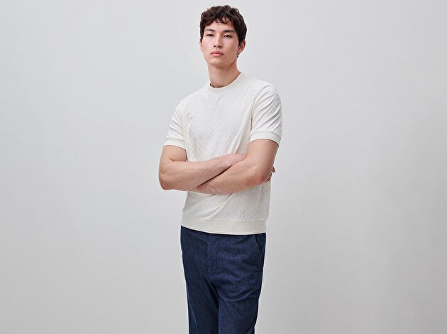 Benetton Erkek Krem Pamuk Karışımlı Jakarlı Regular Fit Bisiklet Yaka T-Shirt