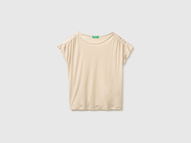 Benetton Kadın Taş Keten Liyosel Karışımlı Omuzları Büzgü Detaylı T-Shirt