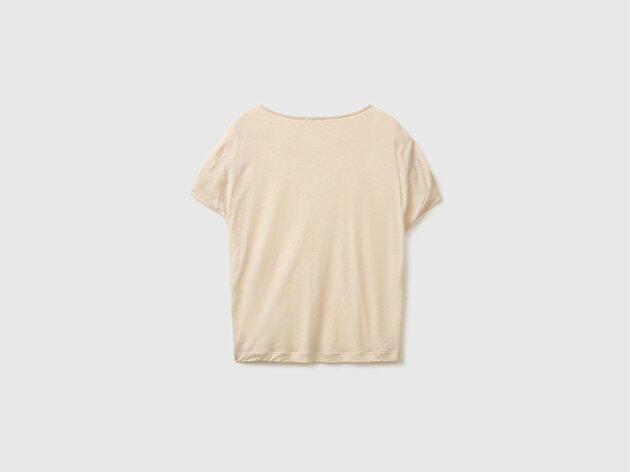 Benetton Kadın Taş Keten Liyosel Karışımlı Omuzları Büzgü Detaylı T-Shirt