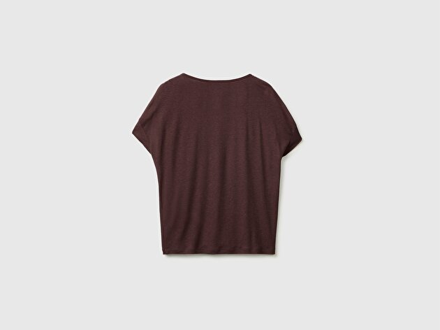 Benetton Kadın Kahverengi Keten Liyosel Karışımlı Omuzları Büzgü Detaylı T-Shirt