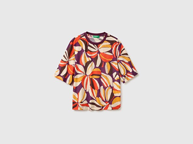 Benetton Kadın Mor Mix Keten Viskoz Karışımlı Baskılı Bisiklet Yaka T-Shirt