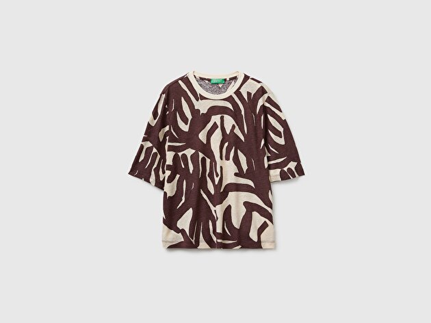 Benetton Kadın Kahverengi Keten Viskoz Karışımlı Baskılı Bisiklet Yaka T-Shirt